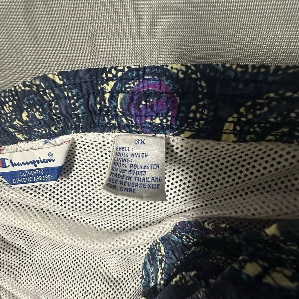 Vintage 90s Champion Swim Trunks Mens 3XL Lined Shorts Retro Swirl Print Navy